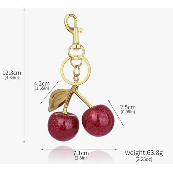 Cherry Bag Charm & Key Ring NEW Red Sparkly Cherries with Goldtone Hardware - Picture 2 of 7